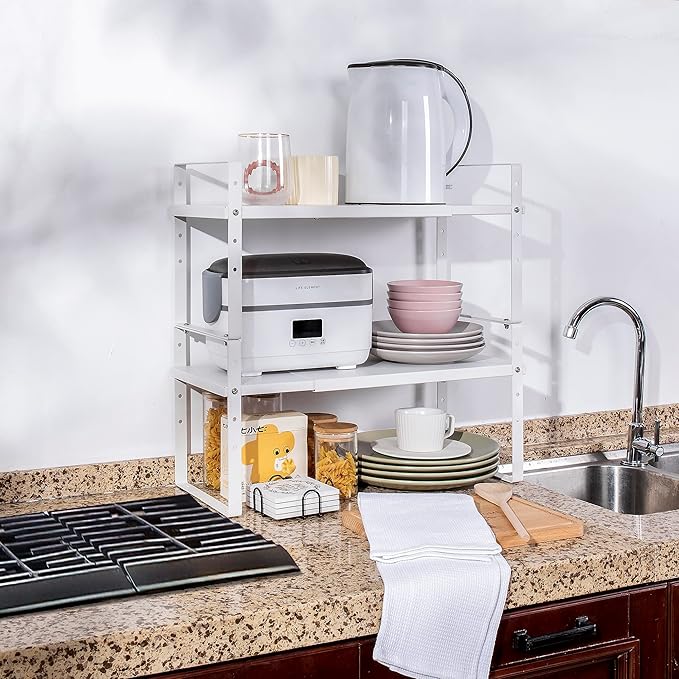 Expandable Cabinet Shelf Organizer Rack, Stackable Kitchen Counter Storage Shelves Stand, Adjustable Height Pantry Shelf Spice Rack (White, 1 Pack)