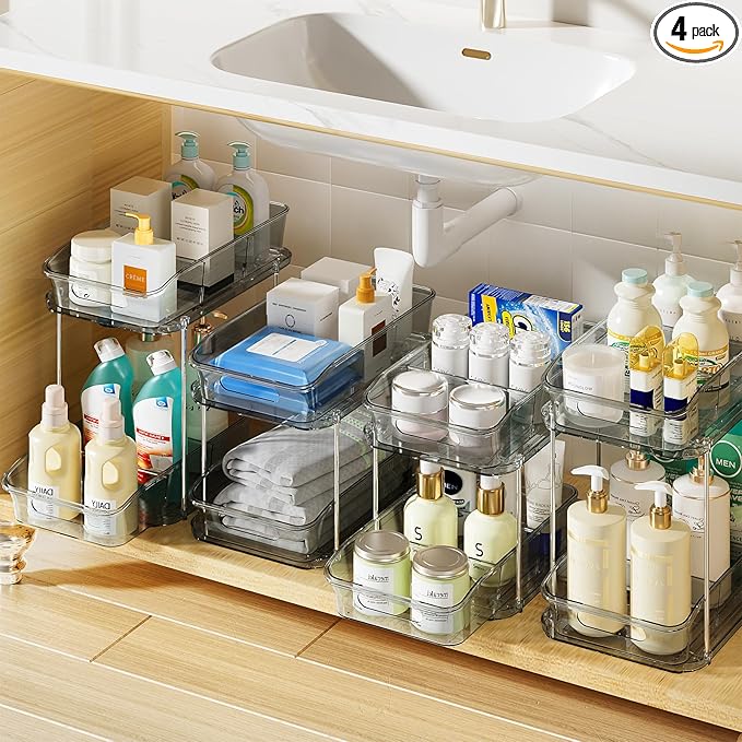 Delamu 2-Tier Under Sink Organizers and Storage, Multi-Purpose Stackable Bathroom Cabinet Organizers, Pull Out Kitchen Pantry Organization and Storage with Dividers(4 Pack, Grey)