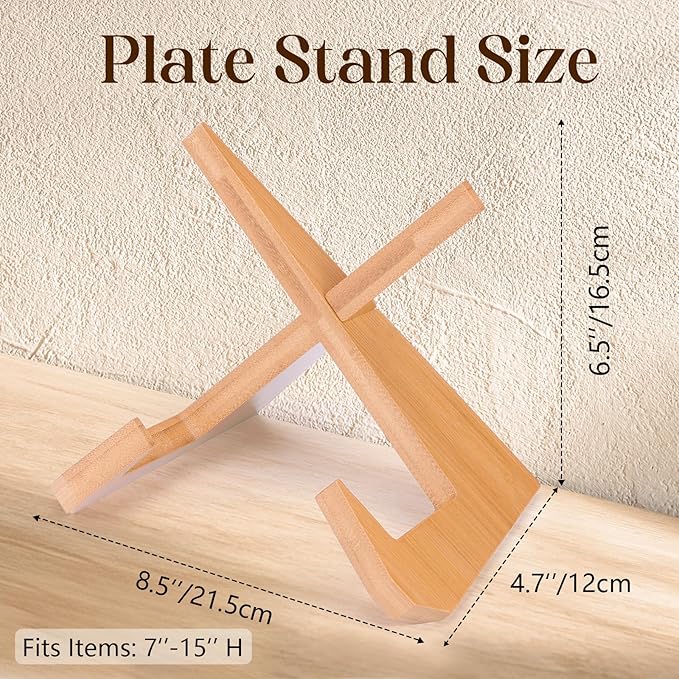 XKDOUS 2 Pack Plate Holders for Displaying 6.5 Inch Decorative Plate Display Stand Heavy Duty Bamboo Picture Frame Stands Cook Book Holder for Kitchen