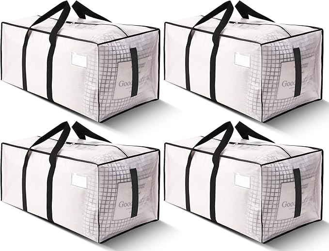 HOMESURE Supports 200lbs Heavy Duty Moving Bags - Strong Zipper & Wrap-Around Handles - Water-Resistant Storage Totes, Durable Alternative to Moving Boxes - 4 Pack - Semi-Transparent