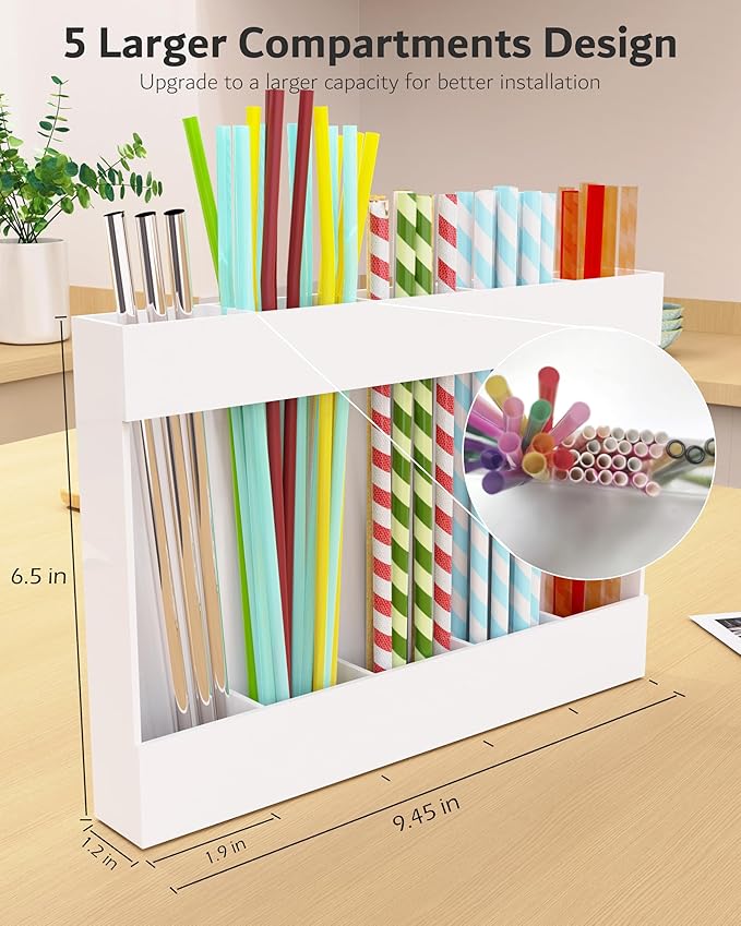 Magnetic Acrylic Straw Holder for Fridge - 5 Slot Sturdy Kitchen Organizer, Adhesive-Free Refrigerator Storage for Metal, Glass, Silicone Straws & Utensils (White-Magnetic Type-5C)