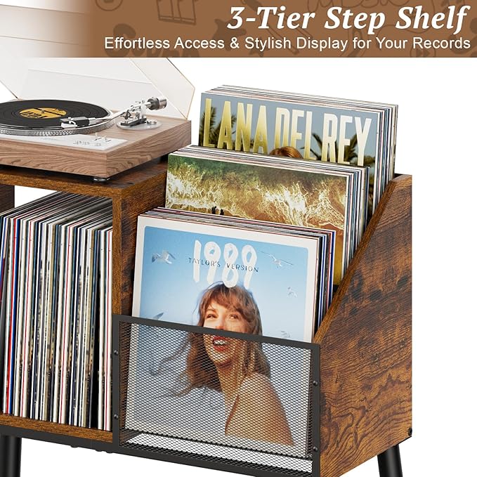 Record Player Stand with Storage, 3-Tier Step Vinyl Record Storage Holder up to 200 Albums, Small Vintage Record Player Table, Turntable Stand Recordsfor Living Room, Bedroom