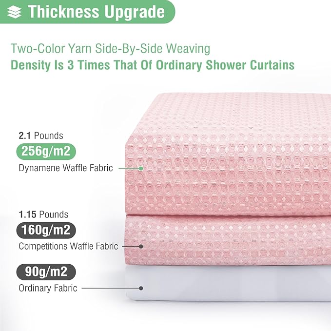Dynamene Extra Wide Shower Curtain-108 Inch Wide Waffle Weave Weighted Thick Cloth Bathroom Shower Curtain, Neutral Heavy Duty Hotel Bath Curtain Set with 18 Plastic Hooks,108x72, Pink