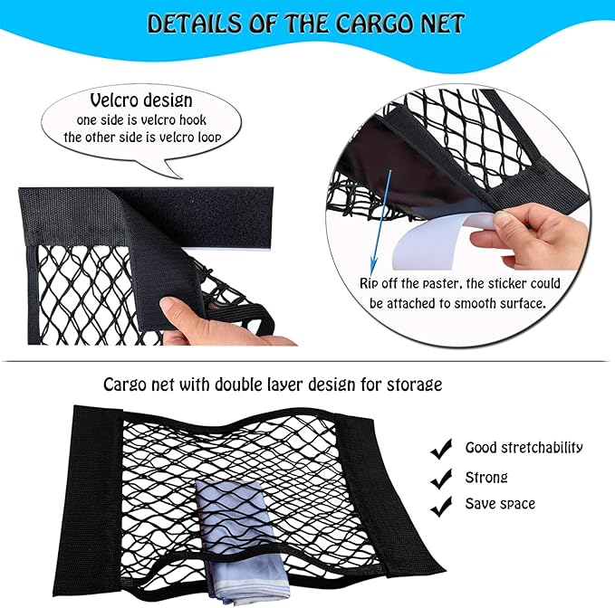 Mesh Cargo Net Car Storage Wall Sticker Organizer Elastic with Tape Stickers for Trunk Holder Kitchen Cabinet, Closet,Home (6PCS (Different Sizes)) 4 Different sizes (Justo20220007H)