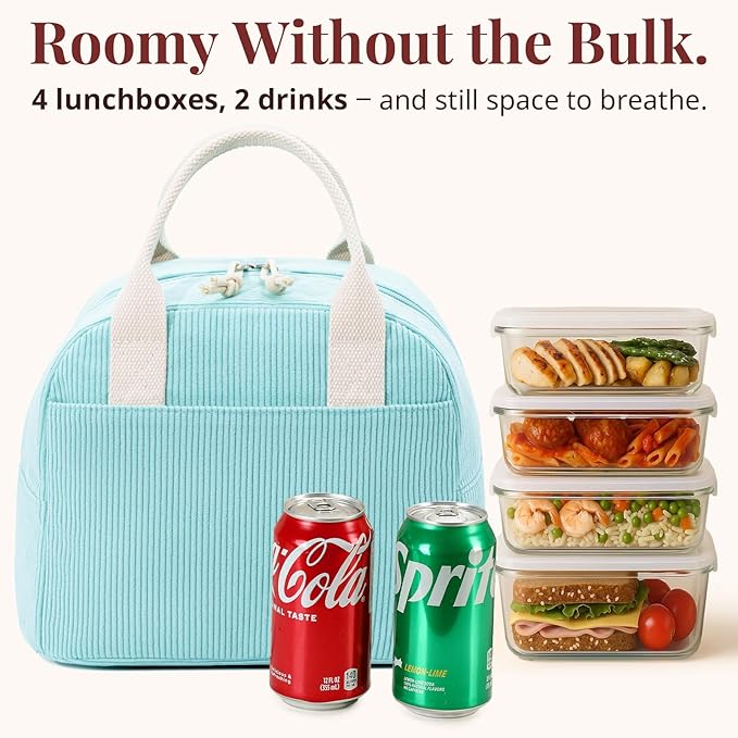 LOVELYWIND Insulated Lunch Bag for Women Men, Stylish Corduroy Tote Bag with Aluminum Lining, Large Capacity Reusable Cooler for Work, Travel, or Beach, Mint Green Lunch Box