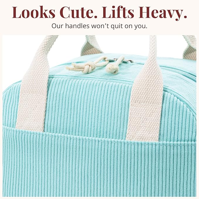 LOVELYWIND Insulated Lunch Bag for Women Men, Stylish Corduroy Tote Bag with Aluminum Lining, Large Capacity Reusable Cooler for Work, Travel, or Beach, Mint Green Lunch Box