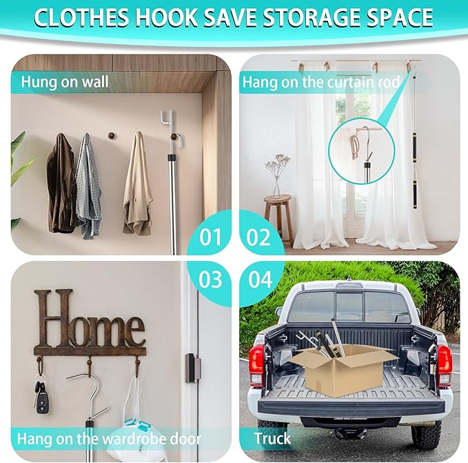 Clothes Hook Pole Heavy Duty,32 to 80In Retail Clothing Hook Pole Long Handle with 2 Hooks Hanging Birdfeeder Frosted Tube Extension Pole to Reach High Hangers for Turck (Black Handle)