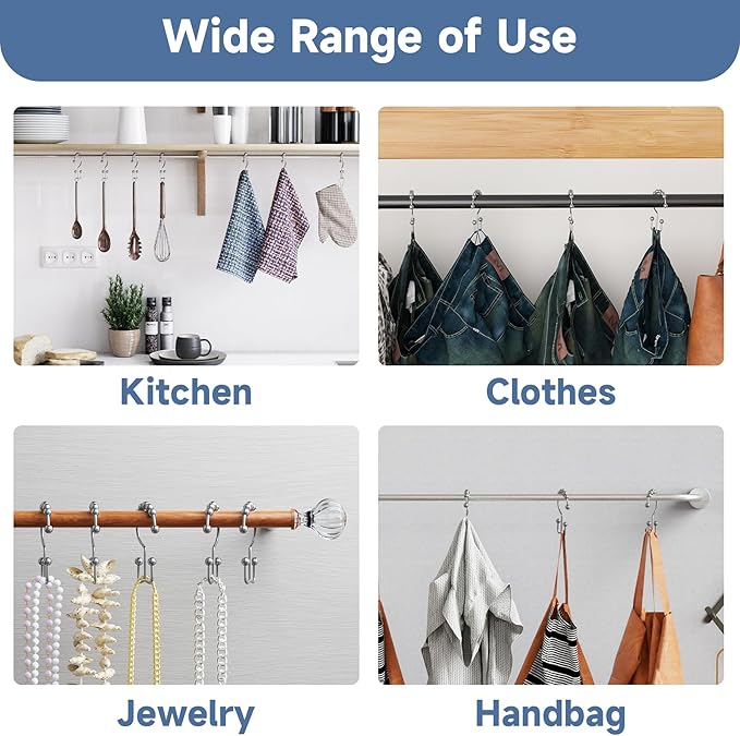 Titanker Shower Curtain Hooks Rings, Rust Resistant Metal Double Glide Shower Hooks Rings for Bathroom Shower Rods Curtains, Set of 24 Hooks - Chrome