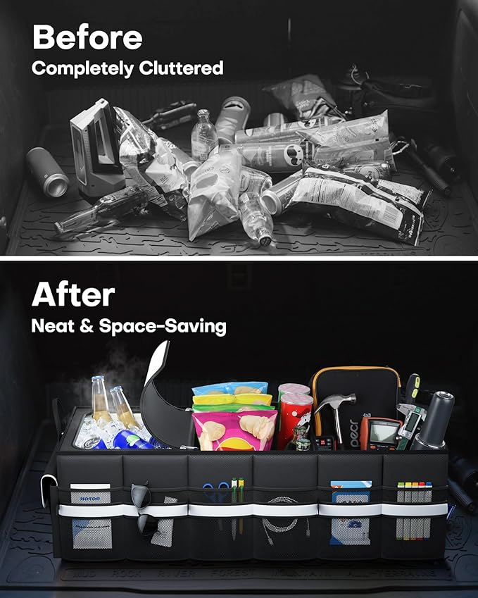HOTOR Trunk Organizer - Car Organizer with Built-In Leakproof Car Cooler, Collapsible Trunk Organizer with Cooler for SUV, Sedan, with Base Panel (3 Compartments, Black), 35.4"×14.2"×10.6"