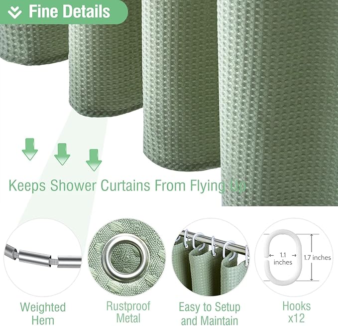 Dynamene Extra Long Shower Curtain,84 Inch Long Waffle Weave Weighted Thick Fabric Bathroom Shower Curtain, Heavy Duty Large Hotel Bath Curtain Set with 12 Plastic Hooks,72x84,Sage Green