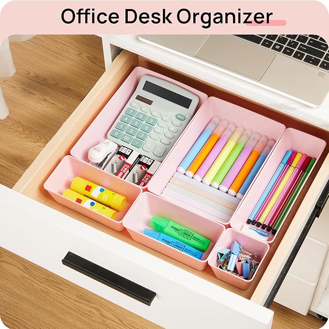 Vtopmart 72 PCS Plastic Drawer Organizers Set, 4-Size Versatile Bathroom and Vanity Organizer Trays, Non-Slip Storage Bins for Makeup, Jewelries, Kitchen Utensils and Office Desk, Pink | 72 PCS, 4-Size, Versatile, Non-Slip
