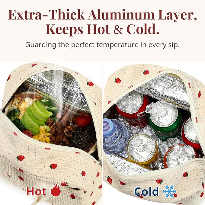 LOVELYWIND Insulated Floral Lunch Bag for Women, Stylish Corduroy Tote with Aluminum Lining, Large Capacity Reusable Cooler for Work, Travel, Beach or Picnic, Creamy Floral Water-Resistant Lunch Box