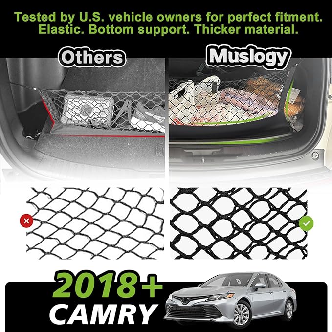 Muslogy Truck Bed Cargo Net Trunk Netting Compatible with 2018-2025 2026 Toyota Camry Accessories, Pickup Cargo Organizer SUV Sedan Storage Net w/Heavy Duty Carabiners