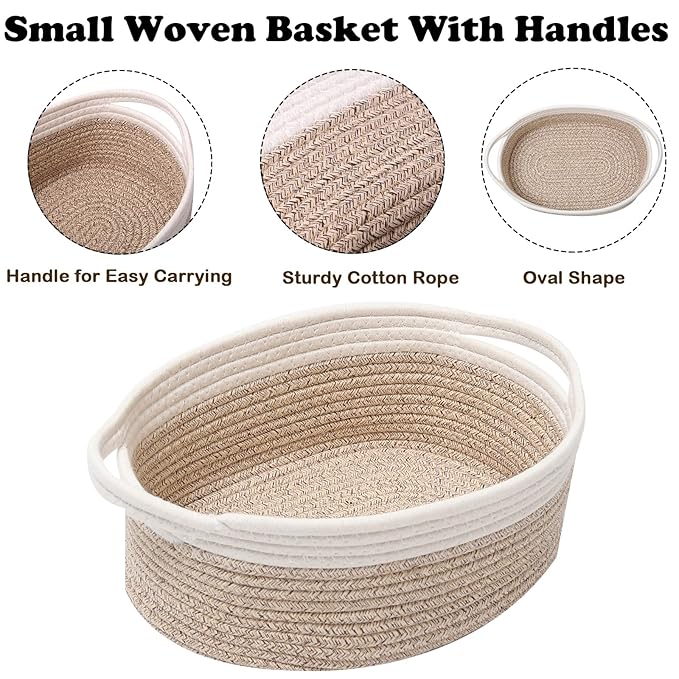 Small Woven Rope Basket-Empty Gifts Basket with Bag and Ribbons,Cute Handle Organizer Box for Birthday/Baby Shower, Toy Storage, Nursery Organizing & Shelf Decor(White&Mixed Brown)