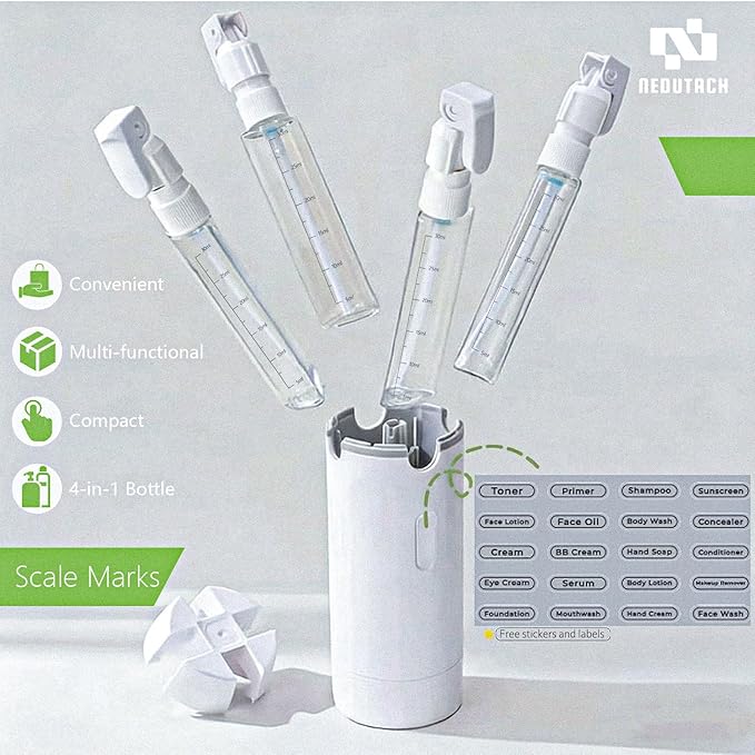 4 in 1 Travel Dispenser Bottles Shampoo Refillable Leak Proof TSA Compliant Size Containers Toiletries Toiletry with Pump Design Portable Organizer Conditioner Lotion Cream Vacation (White)