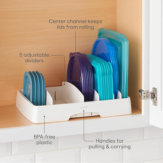 YouCopia StoraLid Food Container Lid Organizer for Kitchen Cabinet Storage with 5 Adjustable Dividers, 10.5''D × 13.4''W × 3.3''H, Large Classic Edition, White (Pack of 6)