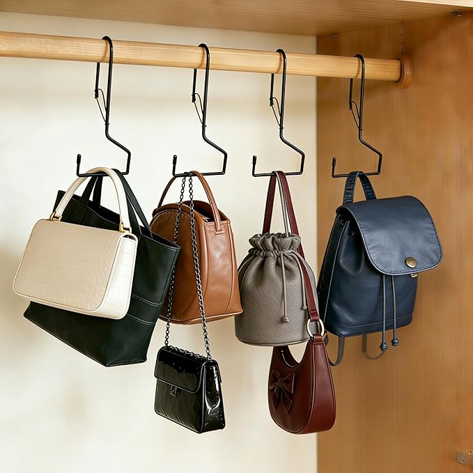 6 Inch Large Closet Rod Hooks with Safety Buckle, Unique Twist Design, Purse Hooks for Max 1.3 Inch Closet Rod. Hanging Clothes, Purse, Kitchen Utensils, Pots. (Black, 6 Pack)