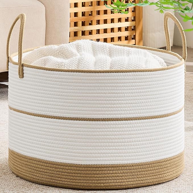 KAKAMAY Cotton Rope Storage Basket (20"x13"),Woven Blanket Baskets for Toys,Pillows,Clothes,Sturdy Handles Decorative Basket for Living Room, Bedroom,Nursery(Brown/Black)