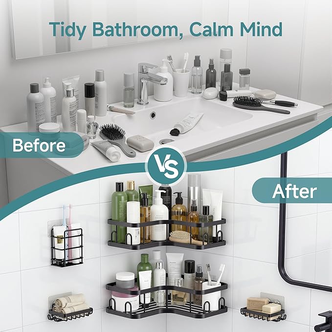 Veken Corner Shower Caddy 6-Pack, Advanced Rustproof Design, No Drilling Adhesive Shelves, Rack with Soap Holder, Large Capacity Bathroom Organizers and Storage, Wall-Mounted Kitchen&Home Decor,Black