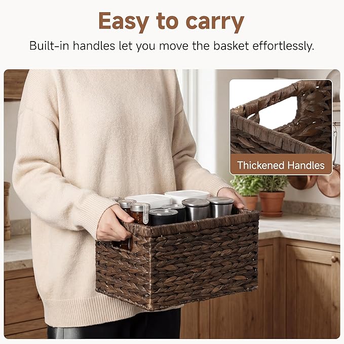StorageWorks Storage Baskets for Organizing, Water Hyacinth Baskets for Shelves, Organizer Basket with Handles, Decorative Storage Basket for Closet, Pantry Organizers