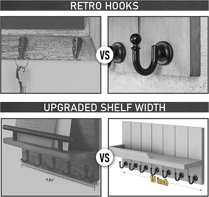 Rebee Vision Decorative Key and Mail Holder for Wall - Farmhouse 15 Inches Floating Shelf with 7 Sturdy Key Hooks for Home Entryway Wall Decor - Rustic Key Racks (Gray,15-inch)