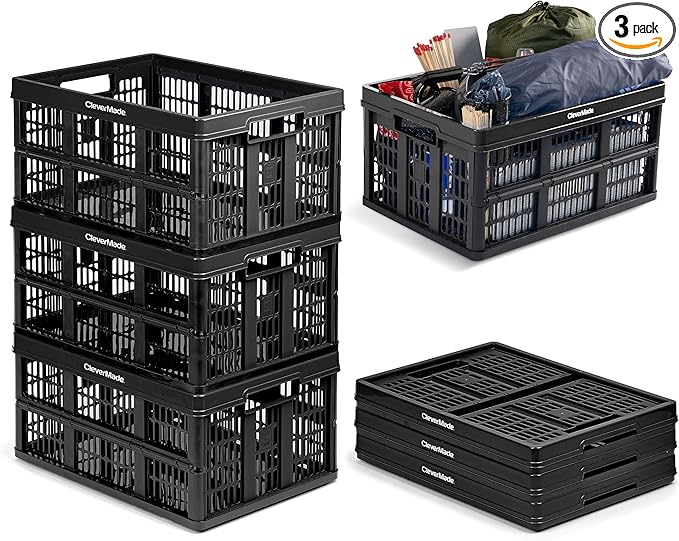 CleverMade Collapsible Utility Crates, Obsidian, 3 Pack, 45L/11 Gal, 66 lbs Capacity, Stackable Containers, Heavy Duty, Space-Saving Baskets,Polypropylene (PP)