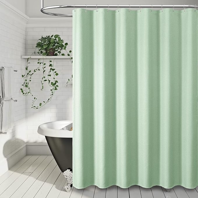 Dynamene Extra Long Shower Curtain - 84 Inch Long Waffle Weave Heavy Duty Fabric Bathroom Shower Curtain, Neutral Weighted Hotel Thick Bath Curtain Set with 12 Plastic Hooks,72x84, Mint Green