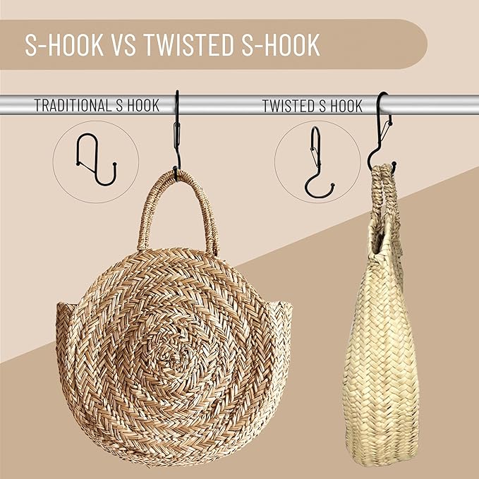 6 Purse Hanger for Closet. Tote Hanger. S-Shaped Hooks S Hooks Twist Design. Anti Drop S-Shaped Hook for Hanging Handbags with Safety Buckle to Prevent Falls. Heavy Duty. (Black, Twisted)