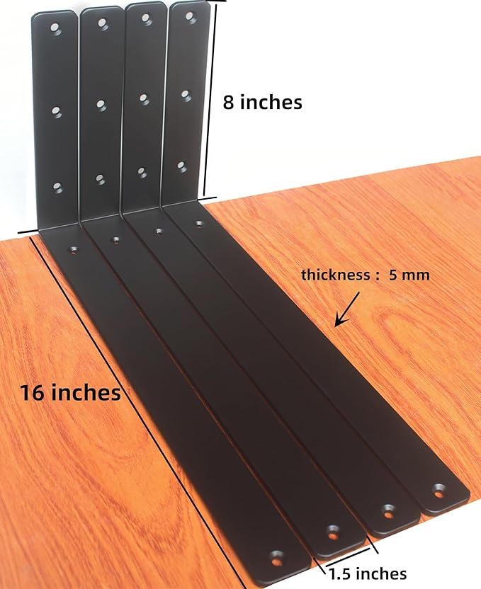 8 Pack - L 16" x H 8" x W1.5, 5mm Thick Black L Shelf Bracket, Iron Shelf Brackets, Metal Shelf Brackets, Floating Shelf, Shelf Supports with Screws