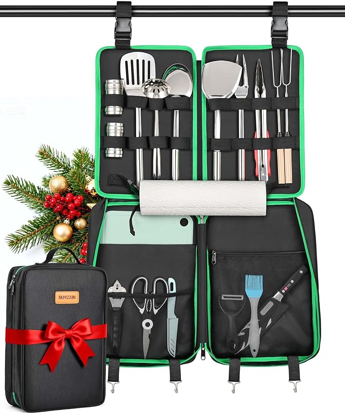 FANGSUN Camping Cooking Utensils, 16 PCS Portable Camping Kitchen Set with Grill Accessories, Camp Gifts for Men Dad, New Year‘s Presents for RV, Hiking, Picnic, Backpacking