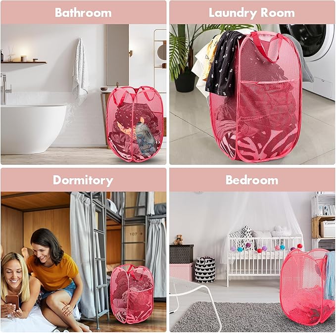 DUCOO Pop Up Laundry Hamper, 70L Collapsible Mesh Laundry Basket with Side Pocket, Foldable Dirty Clothes Hamper with Sturdy Reinforced Handles for Home Dorm Bedroom Travel Storage, Red, 2Pack