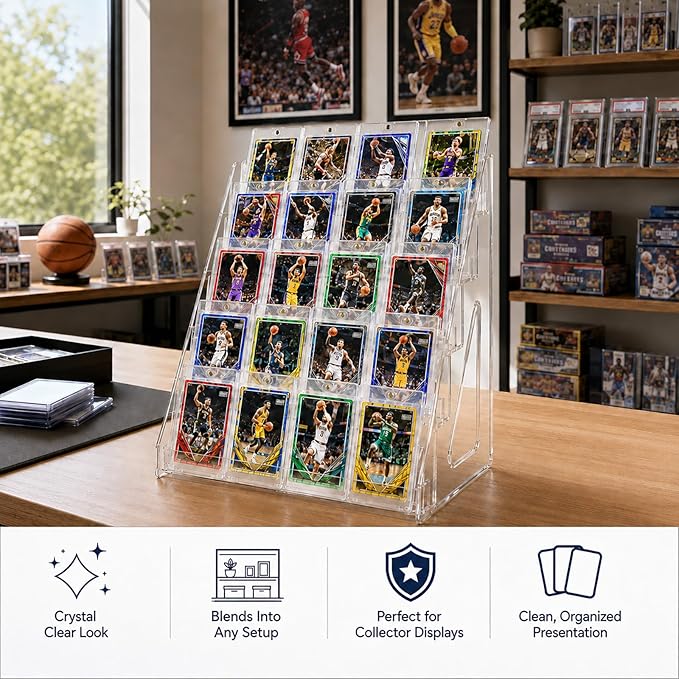 DEEIF 2 Pack Acrylic Trading Card Display Stand, 5-Tier Clear Shelf Holds Up to 40 Cards, 12" Wide Card Holder for Top loaders & Magnetic Cases, Large Storage for TCG, MTG Cards