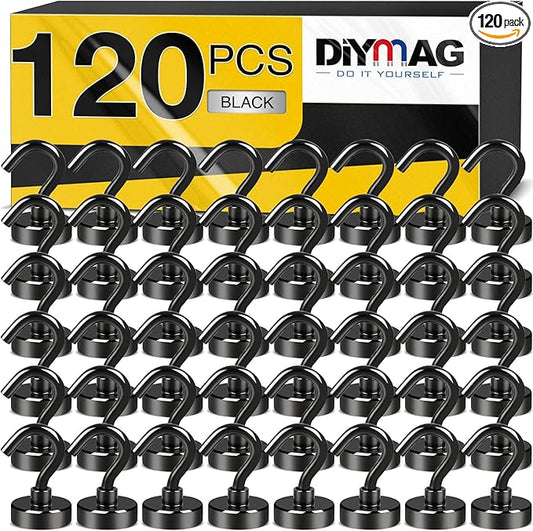 DIYMAG Magnetic Hooks, 30Lbs Black Strong Heavy Duty Cruise Magnet Garage S-Hooks for Classroom, Fridge, Hanging, Cabins, Grill, Kitchen, Garage, Workplace and Office Etc, 120 Pack