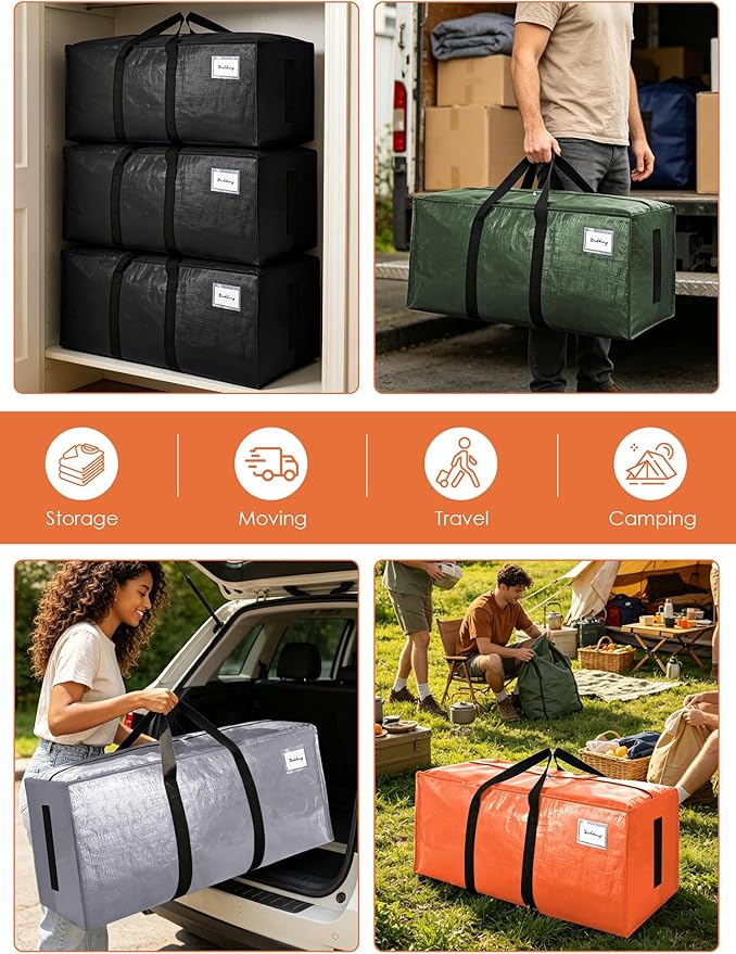 SWEET DOLPHIN 12 Pack 200LB Heavy-Duty Moving Bags with Wrap-Around Handles, Extra Large Storage Totes for Space Saving, Clothes Storage Bags, College Dorm Essentials, Multicolor, 24 Gal