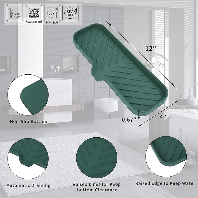 MicoYang Silicone Soap Dish with Drain Spout — Self-Draining Double Sink Organizer Tray for Kitchen & Bathroom, Dispensers, Sponges & Soap Holder, Non-Slip & Dishwasher Safe, Green (Large, 12"×4")