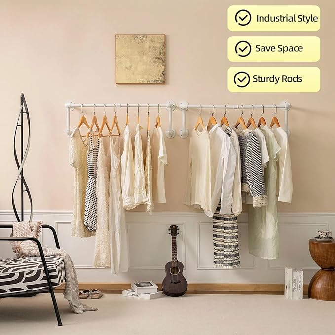 Homeyeeng Clothes Racks, Industrial Pipe Clothing Racks for Hanging Clothes, Wall Mounted Heavy Duty Space Saving Garment Racks, Multi-Purpose Clothing Hanging Rods for Closet Storage, White, 2Pcs