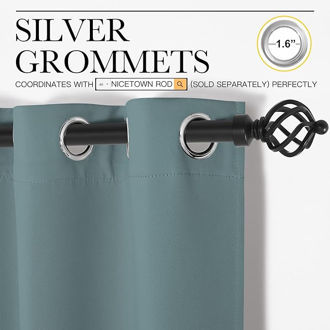 NICETOWN Kitchen Blackout Window Curtain Panel Home Fashion Thermal Insulated Solid Grommet Room Darkening Drape for Apartment (Greyish Blue, 1 Panel, 42 by 63 inches Long)