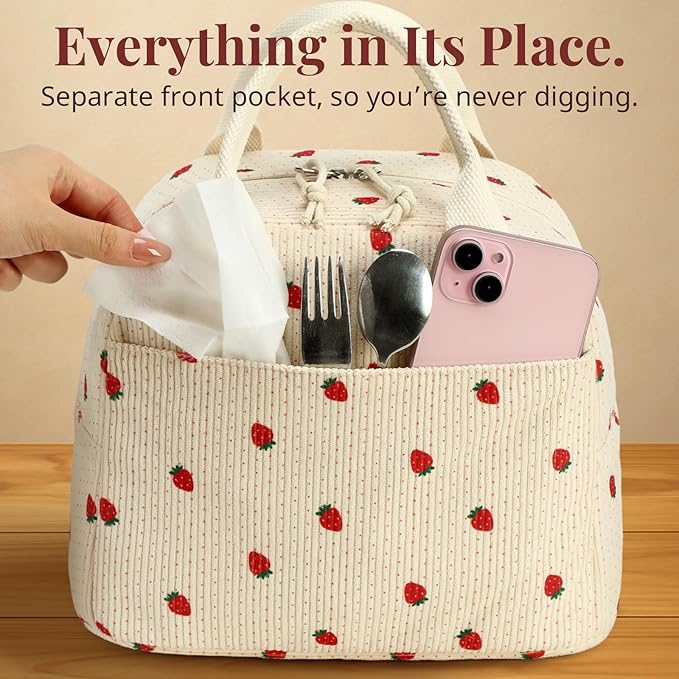 LOVELYWIND Crossbody Strawberry Lunch Bag for Women, Insulated Corduroy Tote with Adjustable Strap, Water Resistant Lunch Box for Work, Picnic, Travel or Beach, Beige Cream Reusable Lunch Box