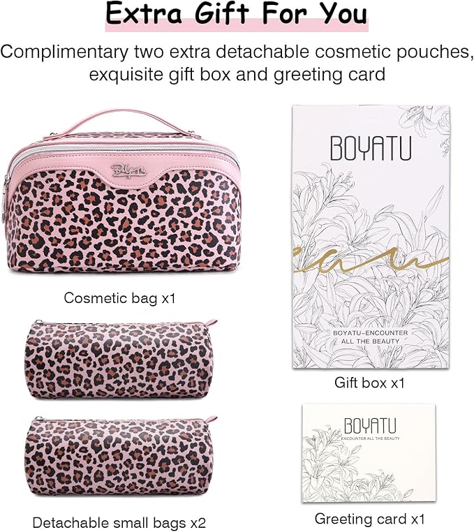 Travel Makeup Bags Organizer for Women: 3 Pcs Set Cosmetic Bag - Large Make up Bag with Compartments - Flat Open Waterproof Leather Toiletry Bags for Skincare, Brushes & Travel Essentials - Pink