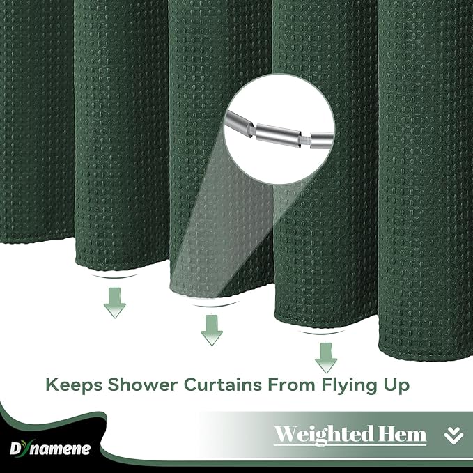 Dynamene Long Fabric Shower Curtain - Waffle Textured Tall Heavy Duty Cloth Shower Curtains for Bathroom, 256GSM Large Hotel Spa Luxury Bath Curtain Set with 12 Plastic Hooks(72Wx80H, Dark Green)