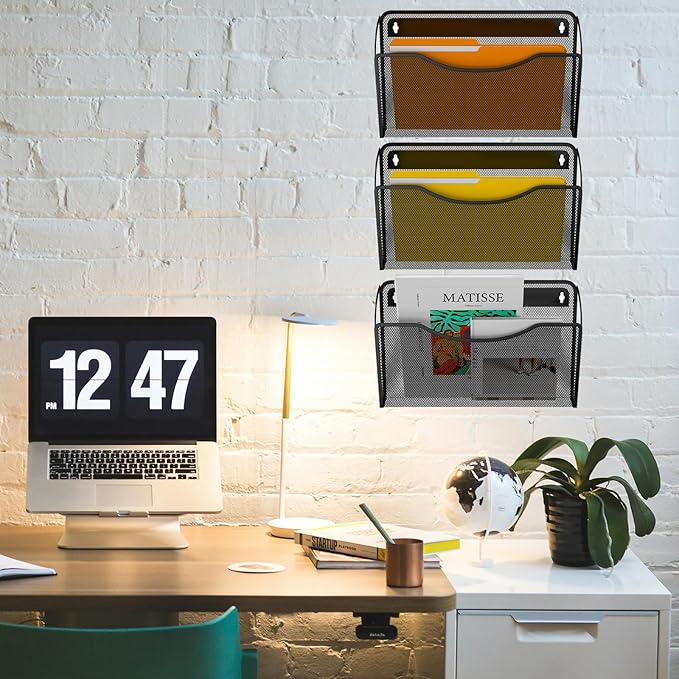 Gawerk 3 Pack Wall File Organizer, Mesh Wall File Pocket Mail Organizer Hanging Metal Vertical Wall Mounted File Holder for Office/Home