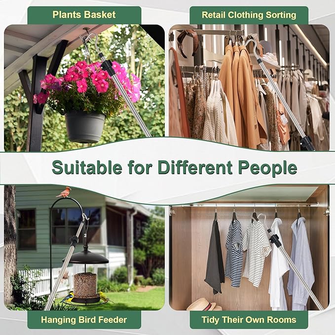 Heavy Duty Closet Hanger Reaching Pole,36" to 65" Clothes Hook Pole Telescoping Pole S Hooks for Plant Stainless Steel Pipe Sturdiness Lightweight Non-Slip Soft Sponge Handle Rod
