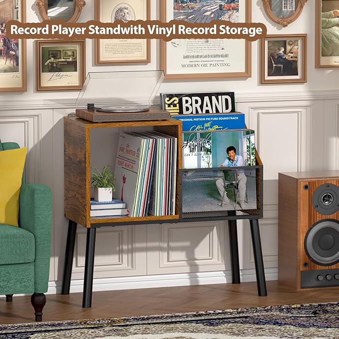 Record Player Stand with Storage, 3-Tier Step Vinyl Record Storage Holder up to 200 Albums, Small Vintage Record Player Table, Turntable Stand Recordsfor Living Room, Bedroom