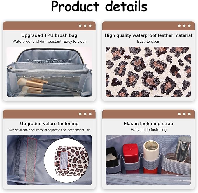 Travel Makeup Bags Organizer for Women: 3 Pcs Set Cosmetic Bag - Large Make up Bag with Compartments - Flat Open Waterproof Leather Toiletry Bags for Skincare, Brushes & Travel Essentials - Beige