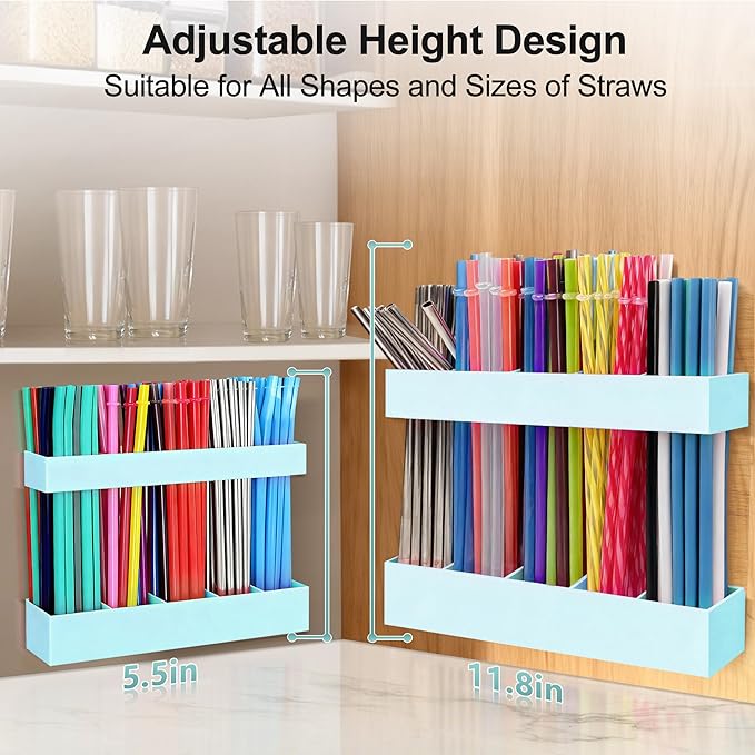 9.6” Large Acrylic Straw Holder for Cabinet Door, Reusable Adjustable Two-Part Straws Organizer with Ultra Sticky Adhesive Strips, 2026 Straw Storage for Kitchen Cupboard(Mint Blue)