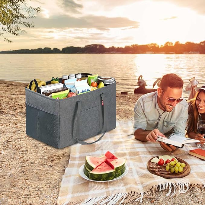 LHZK Standing Utility Tote Bag with Metal Wire Frame and the Sides Rinforced, Large Tote Bag with Handle, Reusable Grocery Bags Foldable, Beach Bag, Car Tote (Grey, 18.5''x11.8''x11.5'') | Metal Wire Frame