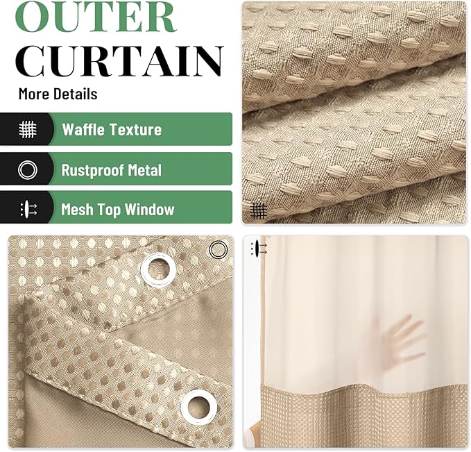 Dynamene Extra Long Shower Curtain, 84 Inch Long Waffle Fabric Shower Curtain for Bathroom, Tall Waterproof Cloth Shower Curtain Liner Set with Hook, Snap in Liner, Mesh Top Window, Beige, 72x84