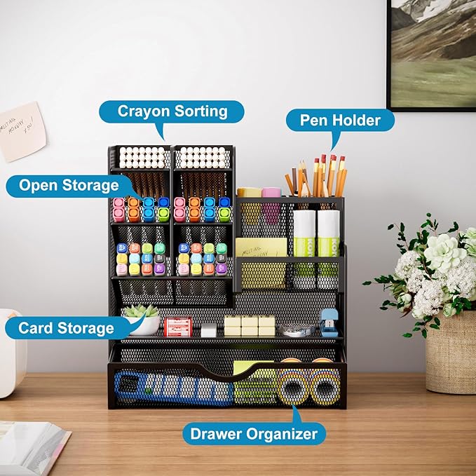 Marbrasse Mesh Pen Holder for Desk, Multi-Functional Pencil Organizer with Drawer, Desk Organizers and Accessories for Office Art Supplies (Black)
