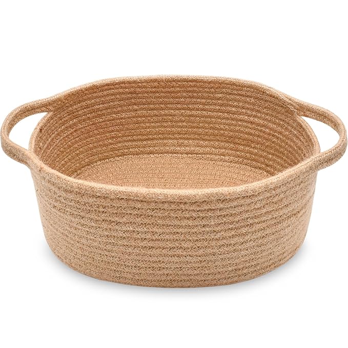 ABenkle Small Basket with Handles, Boho Decorative Rope Woven Dog Cat Toy Storage Bin Shelf Storage Organizer, Easter Christmas Gift Basket, 12"x8"x5"