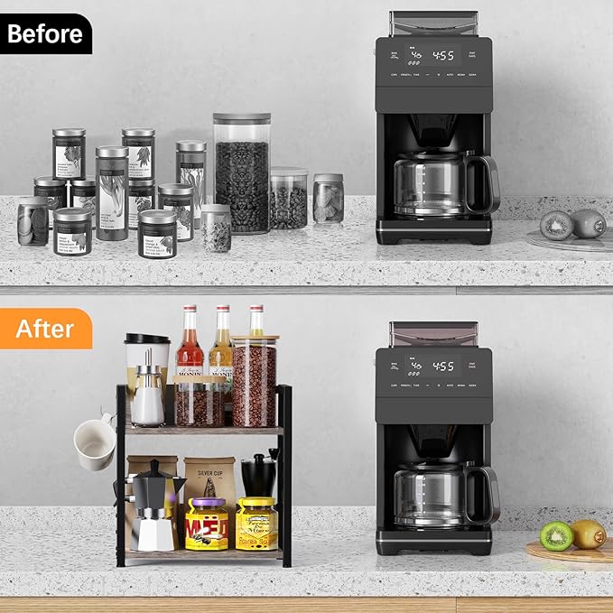 Spice-Rack-Organizer-Shelf for Kitchen Counter, 2 Tiers Coffee Bar Station Organizer for Countertop，Space Saving Desk Shelving Riser Unit (Grey, Medium)